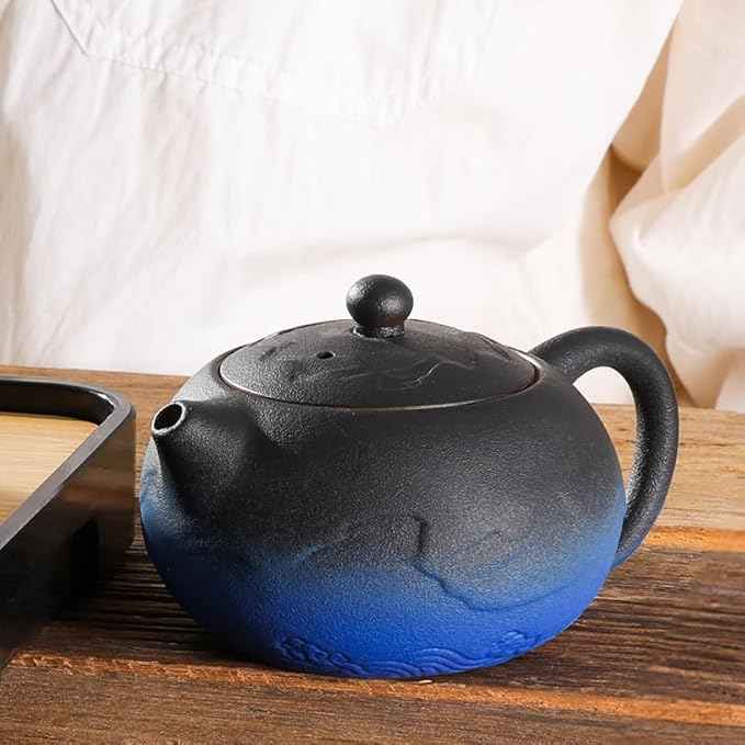 LURRIER Gongfu tea sets, Portable Ceramic TeaSet, Asian Tea sets for adult, Tea Gift sets, Grey leather case, Portable Travel Bag,Home,Gifting,Outdoor and Office(XBlack and Blue)