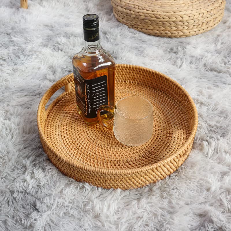 Round Rattan Serving Tray Decorative Woven Ottoman Trays with Handles for Coffee Table Natural
