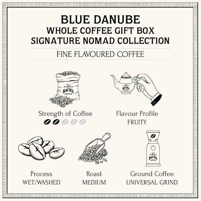 Bacha Coffee | Blue Danube Fine Flavoured, Whole Beans, Medium Roast, 100% Arabica Specialty Coffee, 250g Signature Nomad Collection, Gift Box