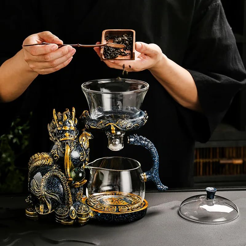 Glass Teapot Set with Infuser Semi Automatic Dragon Tea Set with 6 Small Cups
