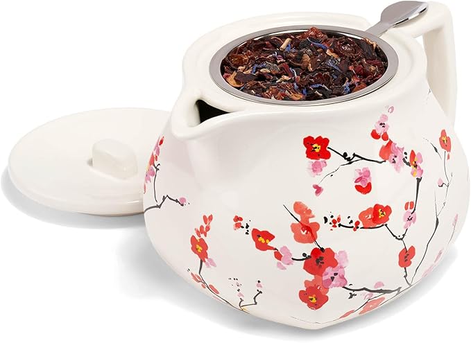 Tea Forte Ceramic Teapot with Removable Stainless Steel Infuser Basket and Lid, Steeps 24 oz. Loose Leaf Tea, Dishwasher & Microwave Safe, Gifts for Mom, Sakura Cherry Blossom