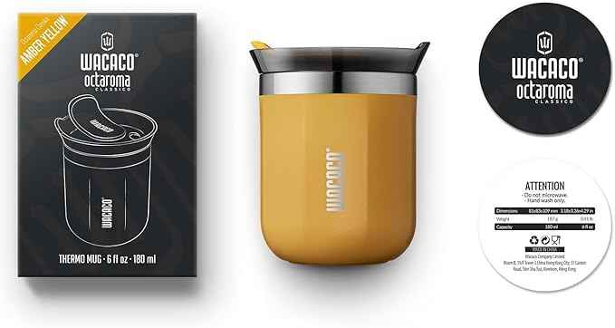 WACACO Octaroma Classico Travel Coffee Mug, Double-wall Stainless Steel Travel Tumbler With Drinking Lid, 6 fl oz (180ml), Amber Yellow