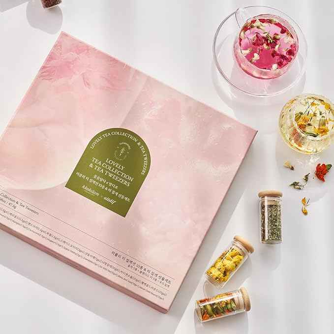 KKOKDAM Premium 10-Tea Sampler Gift Set with Wooden Tweezers – 5 Blooming Flower & 5 Blended Loose Leaf Teas – Unique Korean Gift Box for Women, Mom & Tea Lovers – 1.68oz Variety Pack