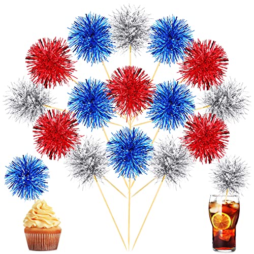 100 Pcs 4th of July Foil Firework Cupcake Toppers Sparkle Tinsel Cake Toppers Cake Decoration Cocktail Fruit Toothpick for Birthday Wedding Graduation Party