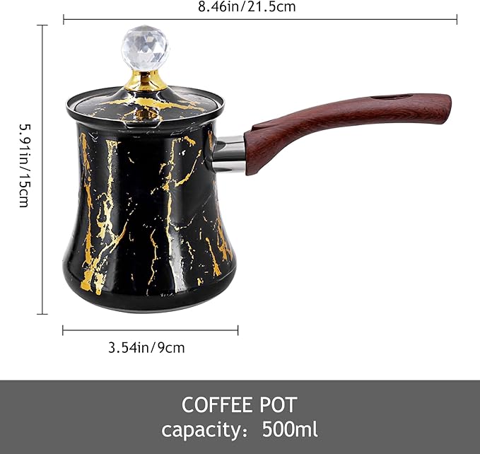 Turkish Arabic Coffee Pot with Wooden Handle,Stove Top Water Boiler, Coffee Maker, Butter, Chocolate & Milk Warmer,Even and Quick Heat with Handcrafted Metal Material (Black)