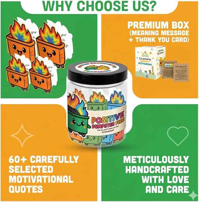 60 Positive Dumpster Fire Cards Jar, Affirmation Cards, Emotional Support, Gag Funny Dumpster Fire Desk Accessories - Zen Garden, Friends Coworkers Gifts for Women, Men