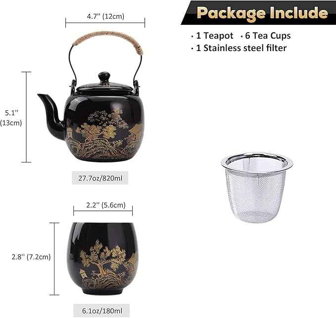 Gift Set Japanese Tea Set, Asian Black Glazed Ceramic Tea Set - Contains 1 Teapot, 1 Tea Strainer and 6 Teacups. Ideal for Home, Outdoor, Office (Black2)
