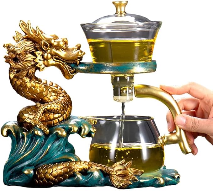 Glass Teapot Set Tea Maker with Infuser Semi Automatic Drip Rotating Cover Bowl Lazy Tea Set (Dragon, Single)