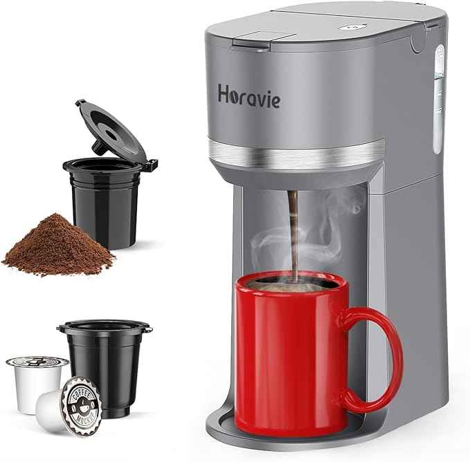 Mini Single Serve Coffee Maker for K Cup Pods and Ground Coffee, Fast Brew One Cup Coffee Machine with Descaling Reminder and Water Window, 6 to 12 oz. Brew Sizes, Gray