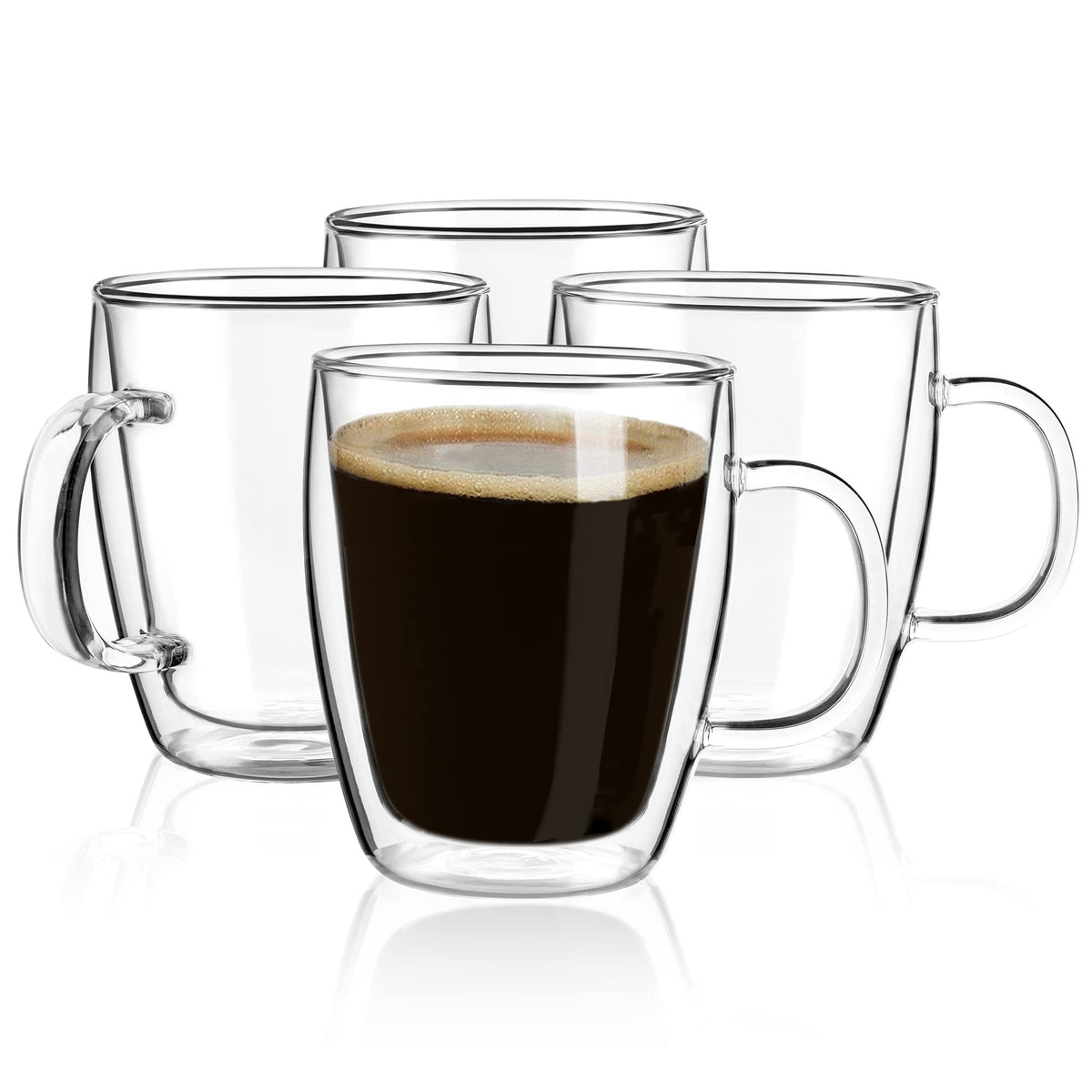 Set of 4 clear double wall glass coffee mugs with handles