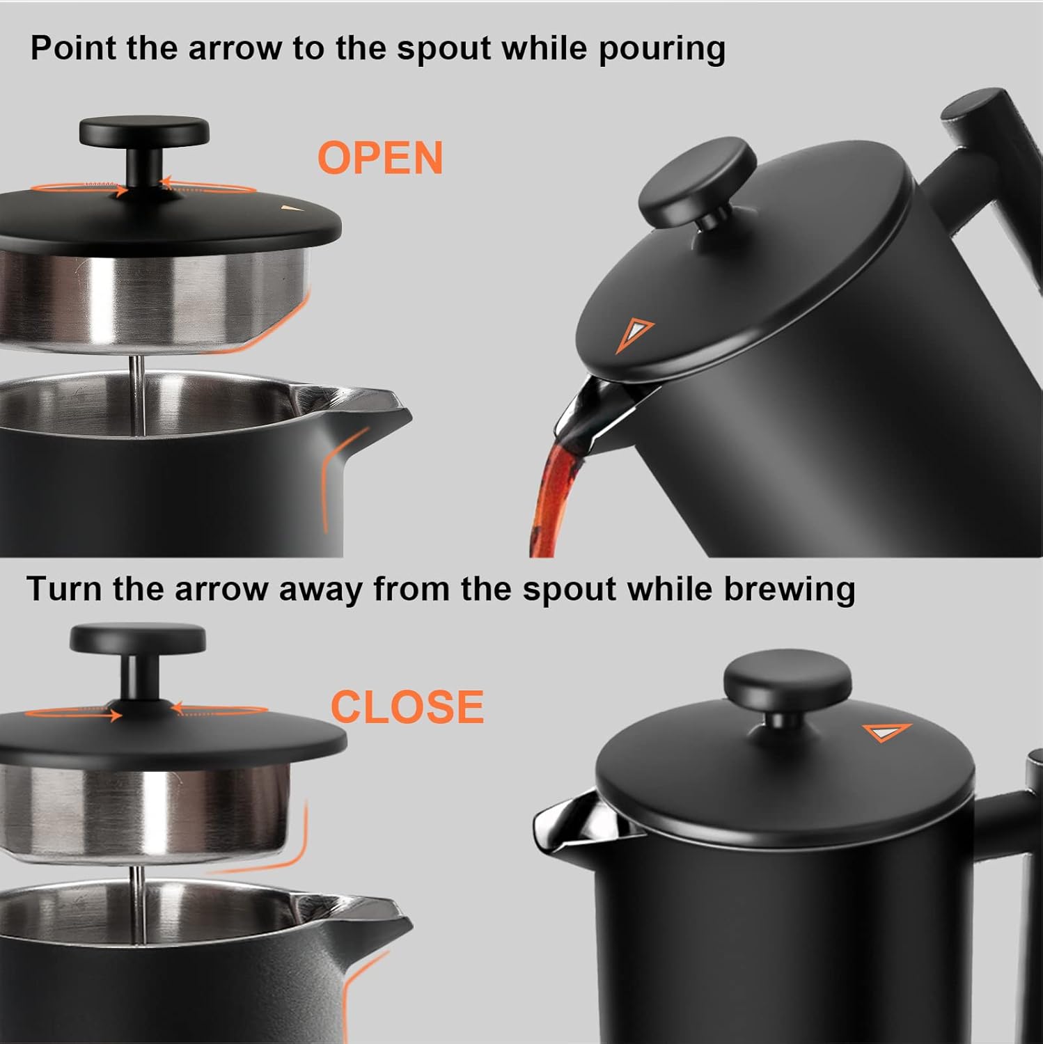 Secura French Press Coffee Maker with 3-Layer Stainless Steel Filter, 34 oz Black, Double-Walled Insulated Design with 2 Extra Filters - Blissbrew