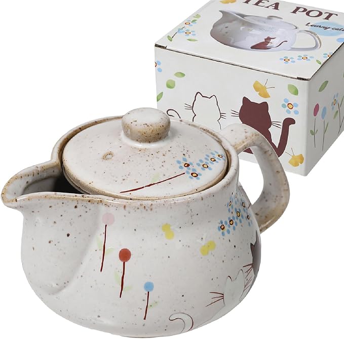 10oz Cat kyusu Kutani Yaki(ware) Japanese CeramicTeapot with Removable Infuser, Stovetop Safe Tea Kettle, Blooming and Loose Leaf Tea Maker Set (Cat, White)