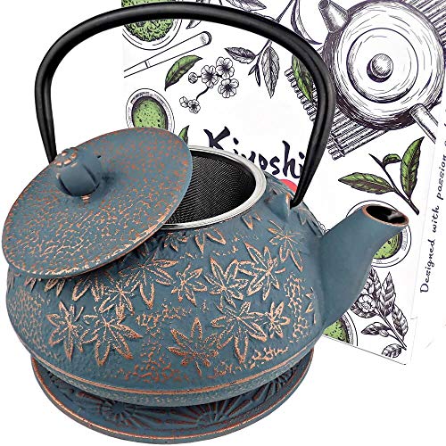 40 Oz Blue Maple Leaf Cast Iron Teapot