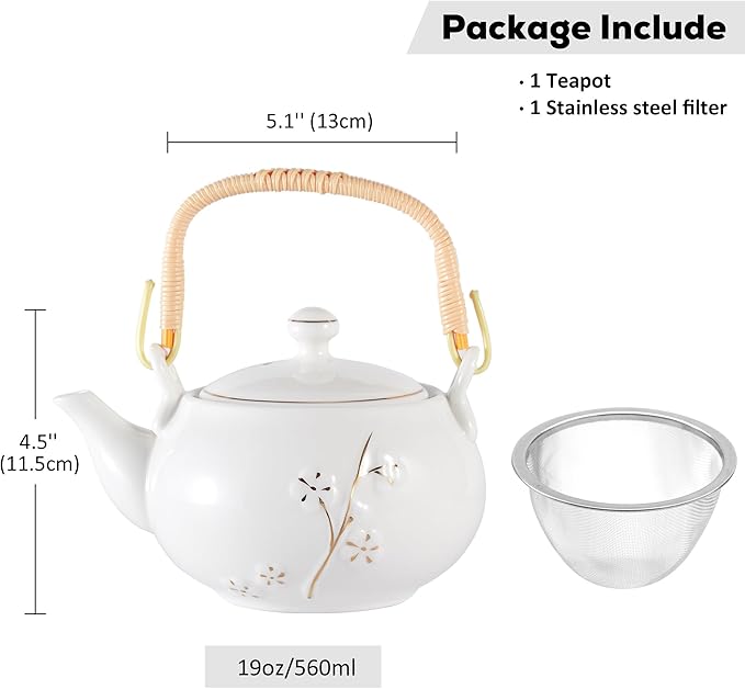 DUJUST Japanese Tea Pot, White Porcelain Chinese Teapot with Stainless Infuser, Cute Tea Pot for Adults, Tea Lover/Women/Men (Plum in Golden)