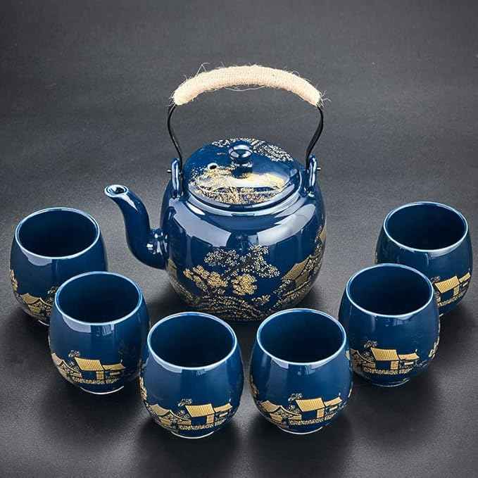 Gift Set Japanese Tea Set, Asian Black Glazed Ceramic Tea Set - Contains 1 Teapot, 1 Tea Strainer and 6 Teacups. Ideal for Home, Outdoor, Office (Blue2)
