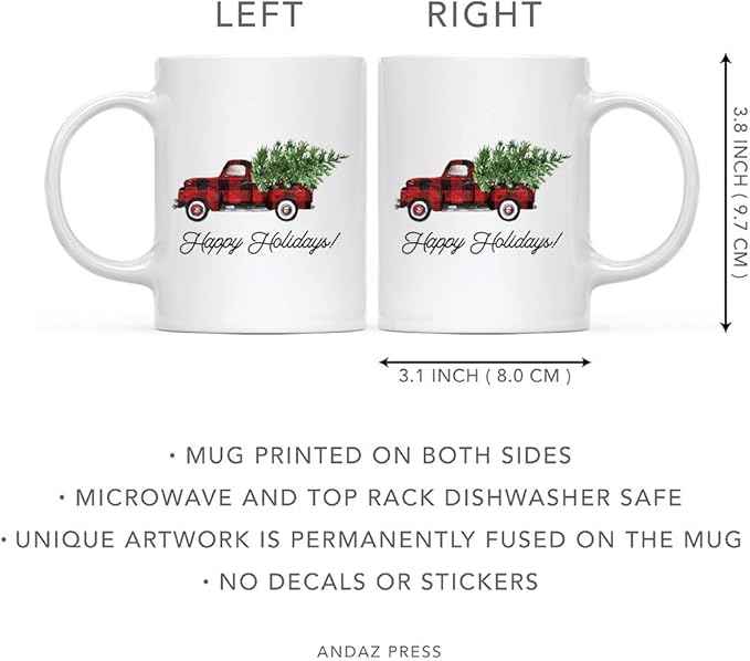 Andaz Press Christmas Winter Holiday 11oz. Coffee Mug, Happy Holidays, Vintage Red Truck, 1-Pack, Cozy Christmas Hot Chocolate Cup Ideas for Him Her Coworker…