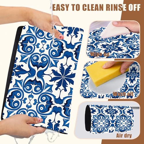 Dish Drying Mat Blue Portuguese Tiles Coffee Bar Mat for Countertop Absorbent Rubber Backed Hide Stain Dish Drainer Rack Pad Espresso Machine Cafe Table Dining Room Decoration 11.8 x 19.7 Inch