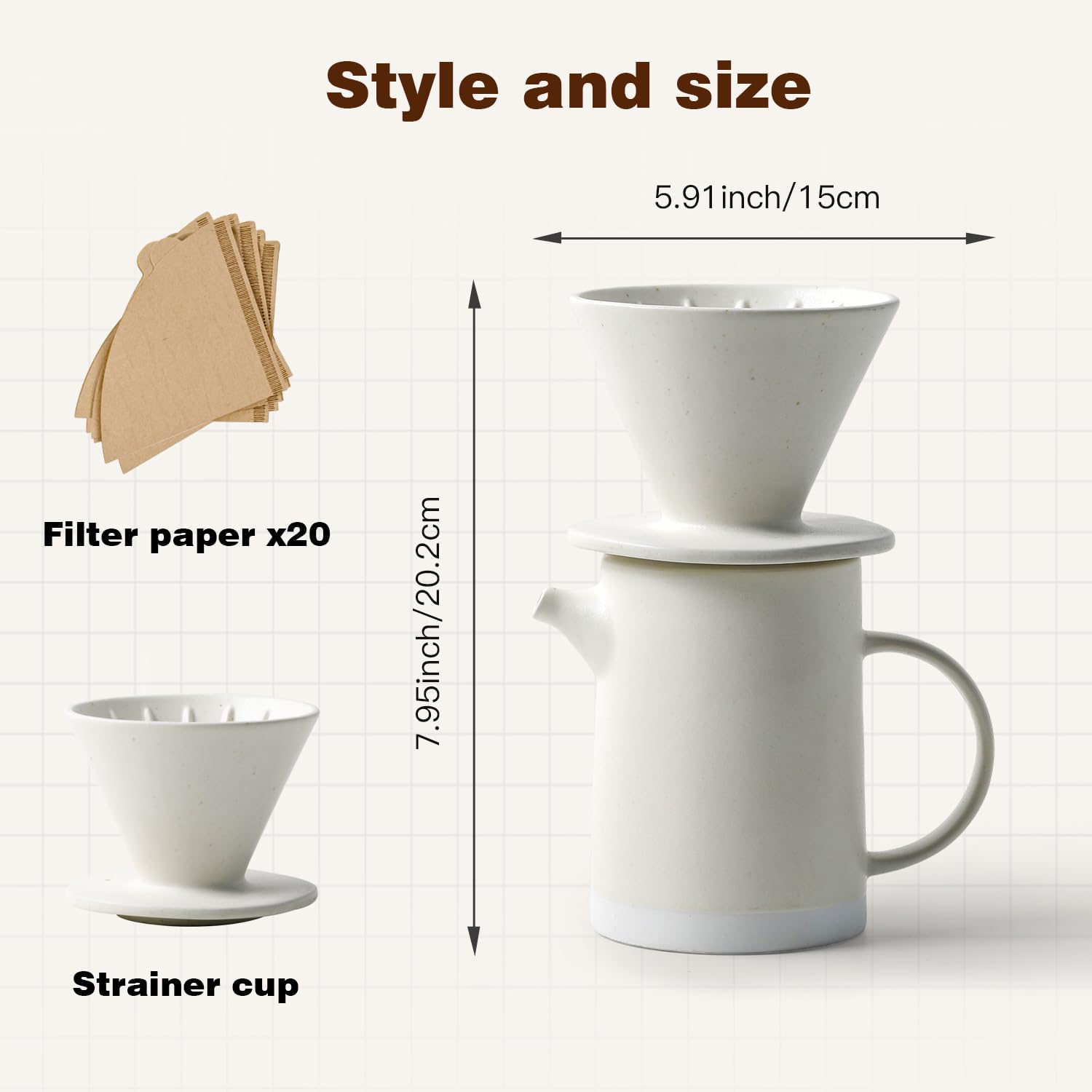 Pour Over Coffee Maker Set Vintage Ceramic Pour Over V60 Coffee Dripper Set with 20 Count Paper Coffee Filters,for Home Café Restaurant Camping,15.8 Ounces(White)