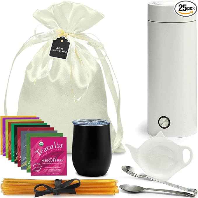 Organic Tea Gift Set with Portable Kettle (25 Piece) Tea Lovers Basket for Women or Men | Birthday Present (Christmas Xmas Mom Mother Teacher Co-Worker)