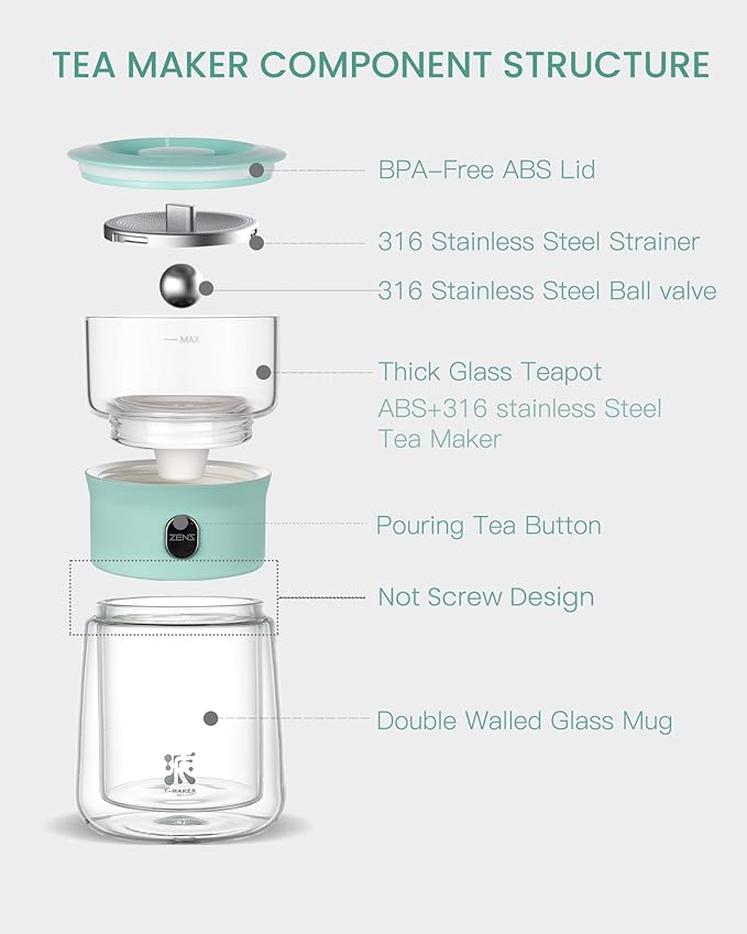 ZENS Modern Glass infuser Teapot, Small One Touch Tea Maker for Loose Tea Diffusers with 200ml Insulated Cup and Blue Portable Carry Case, Magic Gongfu Tea Pot for Tea Lovers Gifts