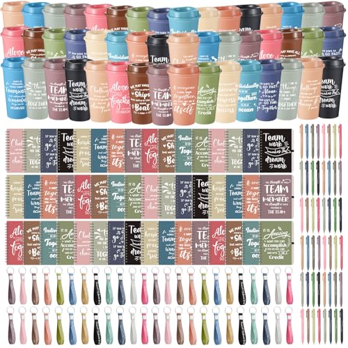 48 Set 192 Pcs Team Appreciation Gifts Bulk Team Thank You Gift Set 16 oz Coffee Cups Thank You Mini Spiral Notebooks Pens Keychains for Staff Teacher (48 Count)
