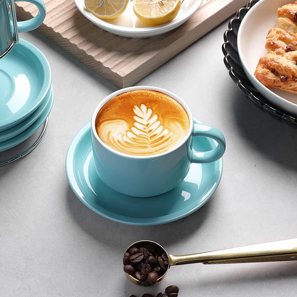 Sweejar Porcelain Cappuccino Cups with Saucers and Metal Stand, 8 Ounce Stackable Espresso Cups for Specialty Coffee Drinks, Latte, Americano, Tea - Set of 4 (Black)