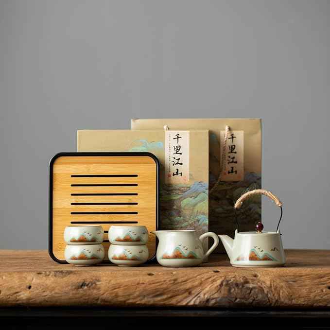 7-Piece Ruyao Ceramic Chinese GongfuTea Set, Traditional Crackle Glaze Teapot with Cups and Bamboo Tray, Gift Box Included