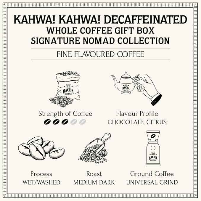 Bacha Coffee | Kahwa! Kahwa! Fine Flavoured, Whole Beans, Medium Dark Roast, 100% Arabica Specialty Coffee, 250g Signature Nomad Collection, Gift Box