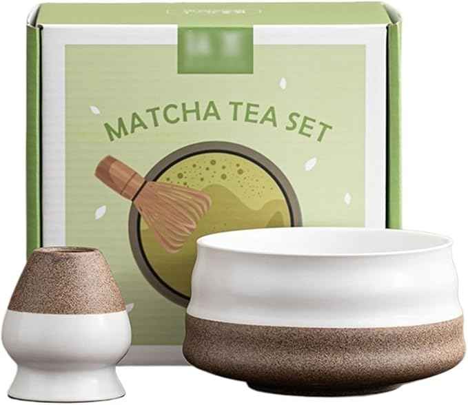 Ceramic Matcha Kit for Breakfast Afternoon Tea Contains Bowl Tea Brush Stand, Visiting Gifts Matcha Bowl Set Entertaining Guests Negotiating Business(Rough Ceramic White)
