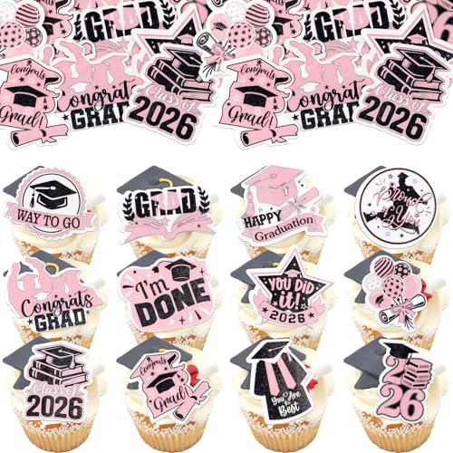 48Pcs Edible Graduation Cap 2026 Cupcake Toppers Wafer Paper Grad Cap Diploma Cake Decoration Picks for 2026 Grad Theme Party Cake Decor Supplies Black Pink (48 Count)