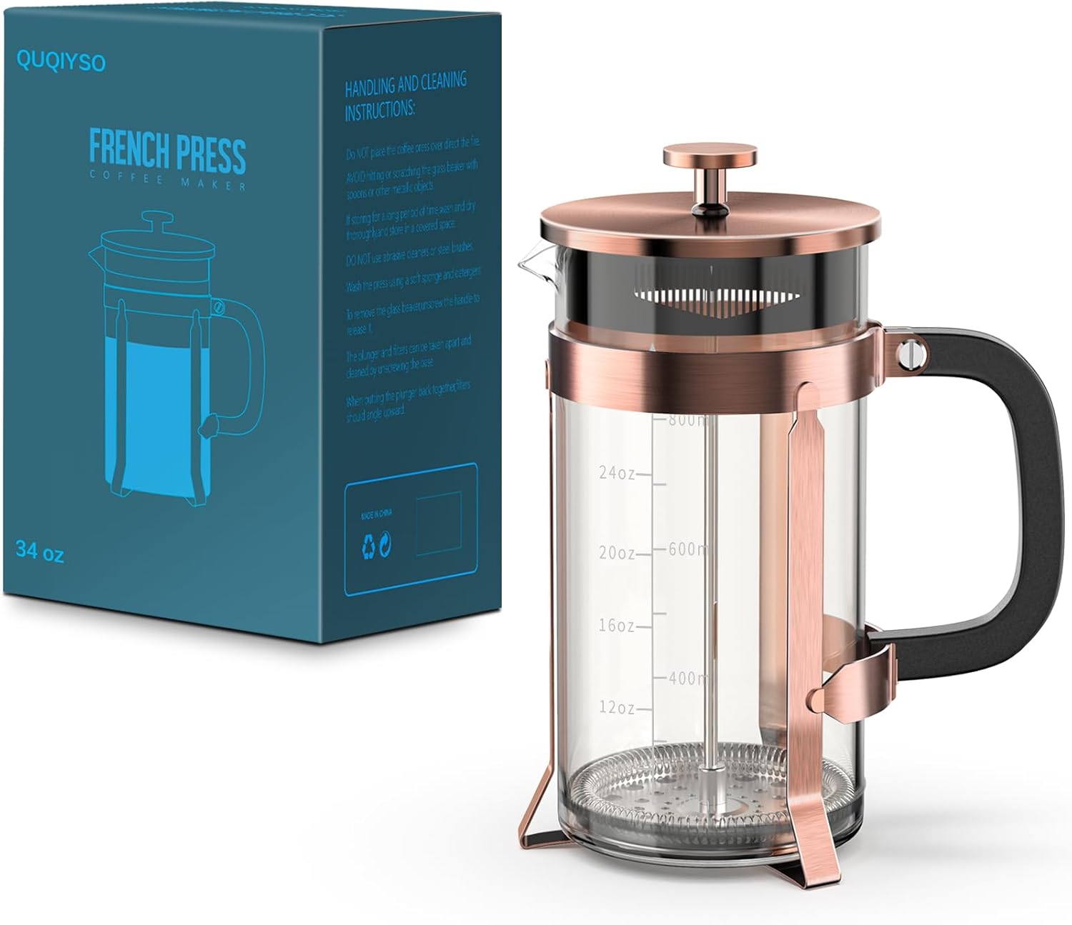 QUQIYSO French Press Coffee Maker 34oz 304 Stainless Steel with 4 Filter, Heat Resistant Durable, Easy to Clean, Borosilicate Glass Press, 100% BPA Free Teapot (Copper) - Blissbrew