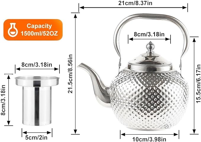 SANQIAHOME 1500ml Teapot with Infuser Stainless Steel Lifting Handle Tea Maker Silver