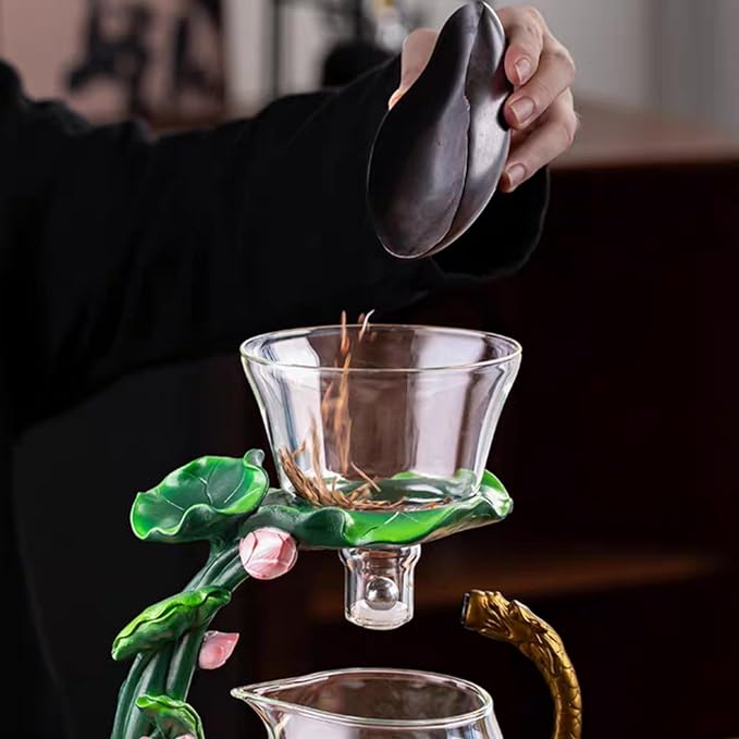 Glass Teapot with Infuser Chinese Gongfu Tea Set,6 cups,Magnetic Semi Automatic Design for Loose Leaf Tea
