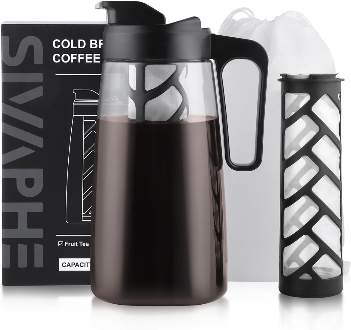 Sivaphe Large Ice Cold Coffee Maker 2 Quart, Dishwasher Safty Traitan Carafe Pitcher Leak Proof, Reusable Filter 64 oz Iced Hot Coffee Tea Method Brewer