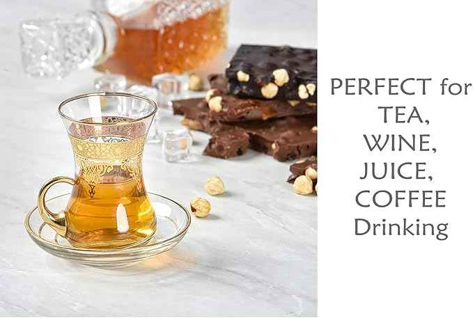 Gold Turkish Arabic Moroccan Tea Glasses Cups Set of 6 and Saucers Glassware Drinking Women Party Fancy Drinkware Style Vintage Persian Kitchen Decor Drinks