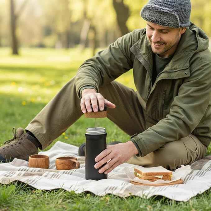 Portable French Press Coffee Maker Travel French Coffee Maker Stainless Steel Coffee Mug 12 oz Double Mesh Filter Great for Camping and Traveling