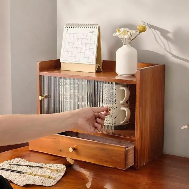 Solid Wood Tea Set Storage Box Desktop Cabinet with Sliding Glass Door Drawer