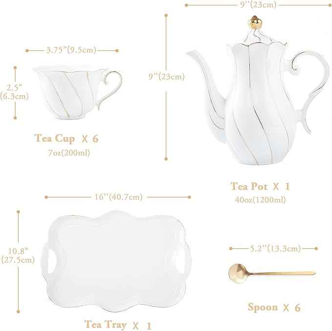 DUJUST 14 pcs Tea Set for 6 with Tea Tray & Spoons, Luxury British Style Coffee Cup Set with Golden Trim, Beautiful Porcelain Set for Living Room Decor, Tea Party Set, Gift Package - White