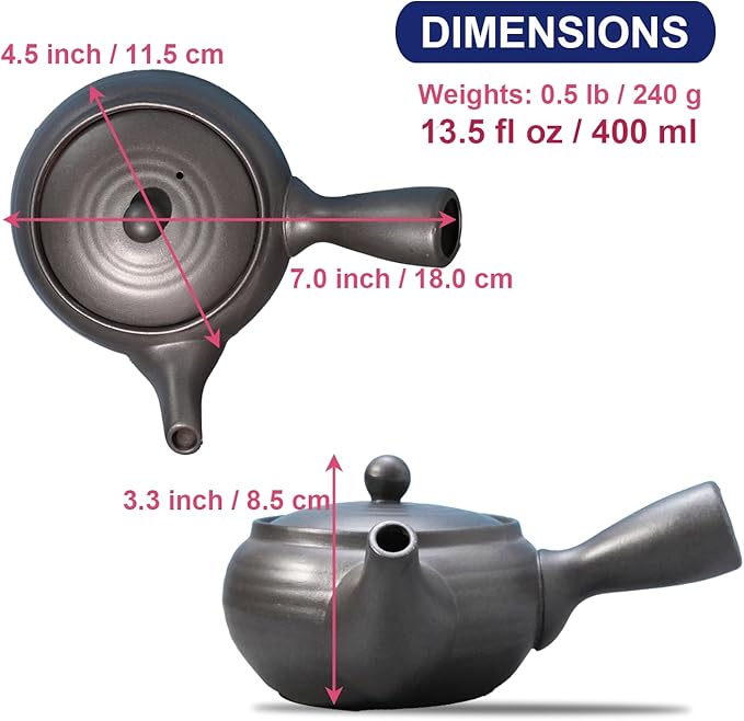 Banko-Yaki Japanese Tea Pot – Traditional Japanese Tea Kettle with Stainless Steel Bottom Strainer – Heat Resistant and Durable Ceramic Teapot for Deep Steamed Tea (Lava Gray)