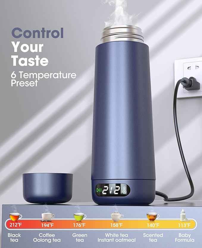 Travel Kettle, Dual Voltage Portable Electric Kettle 110V-220V-240V Smart Small Water Boiler 370ML for Tea & Coffee, 316 Stainless Steel, 6 Temperature Control and LCD Display, for Global Use