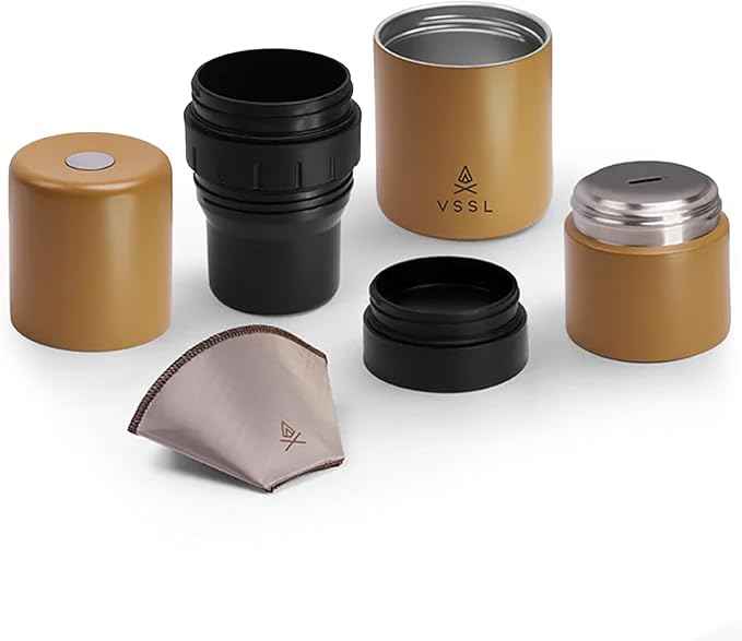 VSSL - Nest Pour Over Coffee Kit | Coffee Maker for Camping | All-In-One Travel Pour Over | Transportable Dripper, Two 10oz Stainless Steel Travel Mugs | Compact Storage & Adventure Ready | Sahara