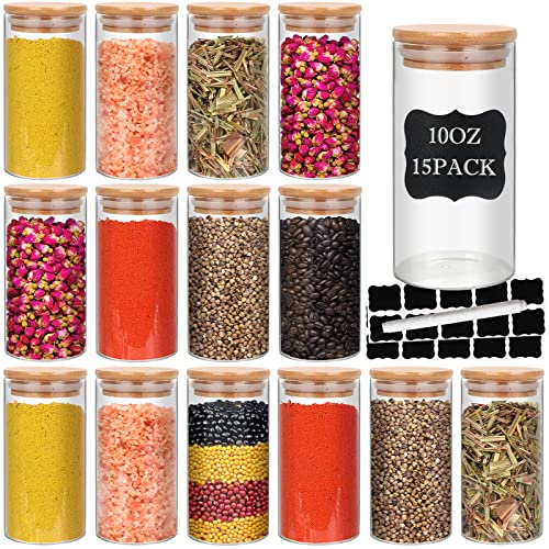 15 Pack 10 oz Glass Jars With Bamboo Lids for Kitchen (15 Count)