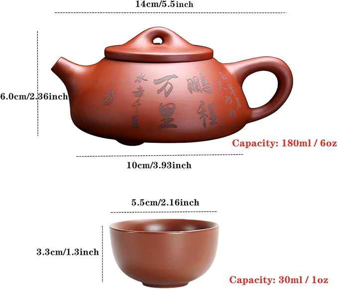 Zisha Teapot Teacup Set, 6 oz Chinese Yixing Purple Clay Tea Pot with 4 Clay Tea Cups, Hand-carved Chinese Characters Kung Fu Infuser Tea Kettle for Loose Leaf Portable Travel Tea Sets