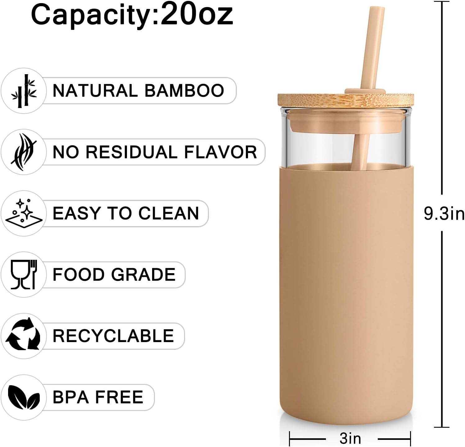 Tronco 20 oz Glass Tumbler with Lid and Straw, Reusable Iced Coffee Cup with Silicone Sleeve & Bamboo Lid, Smoothie Cup for Home, Office, for Father Men Day Gift from Wife Daughter Son (Black)