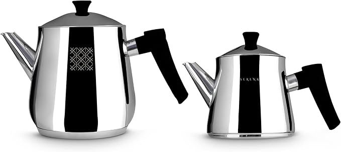 Serenk Definition Stainless Steel Teapot Set, 1L Teapot & 2L Lower Pot, Double-Stacked Design, Induction Compatible, Mirror Polished Finish, Tea Kettle for Home