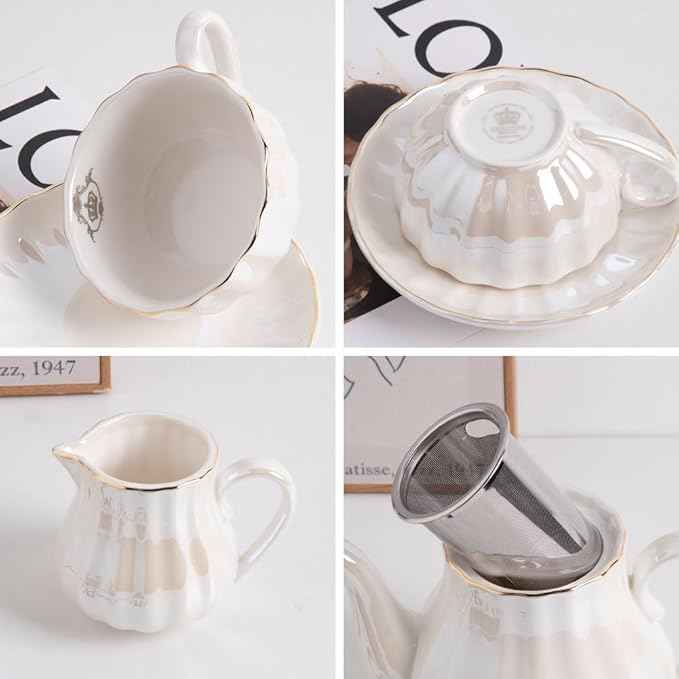 Sweejar Porcelain Tea Sets British Royal Series, 8 OZ Cups& Saucer Service for 6, with Teapot Sugar Bowl Cream Pitcher Teaspoons and tea strainer for Tea/Coffee (Coral White)