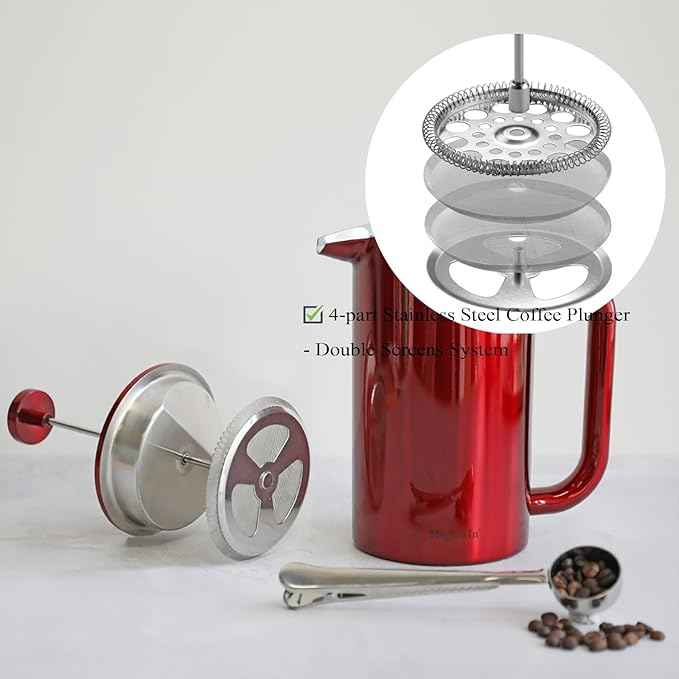 8-Cup Double Wall Insulated Stainless Steel French Coffee Press, 32-Ounce Durable Coffee Tea Maker with Stainless Steel Plunger, Red