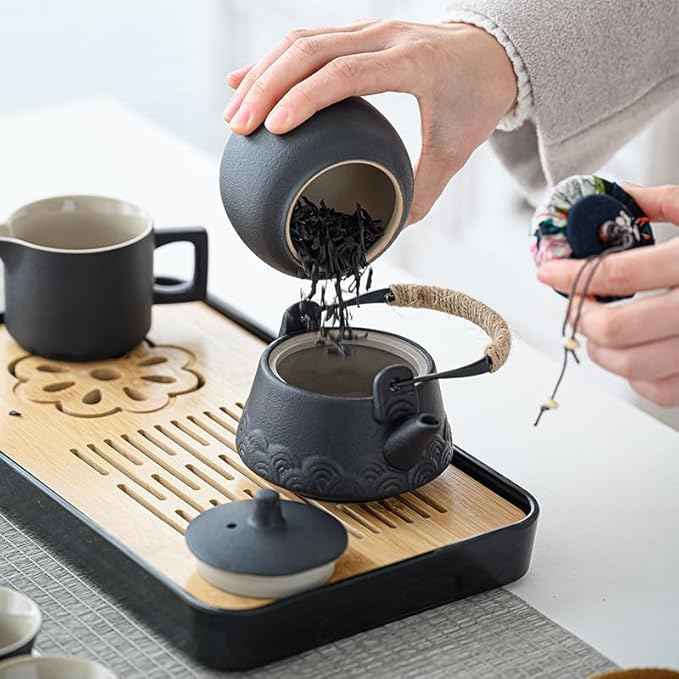 LURRIER Gongfu tea sets, Portable Ceramic TeaSet, Asian Tea sets for adult, Tea Gift sets, Grey leather case, Portable Travel Bag,Home,Gifting,Outdoor and Office(Black)