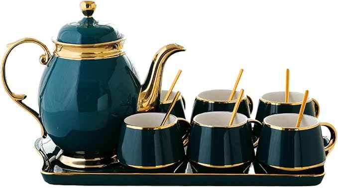Tea Cups and Tray Set of 14 Pieces,Luxury Set with Teapot, Afternoon Tea Coffee Cups with Ceramic Tray, British Porcelain Tea Party Set for Kitchen,B