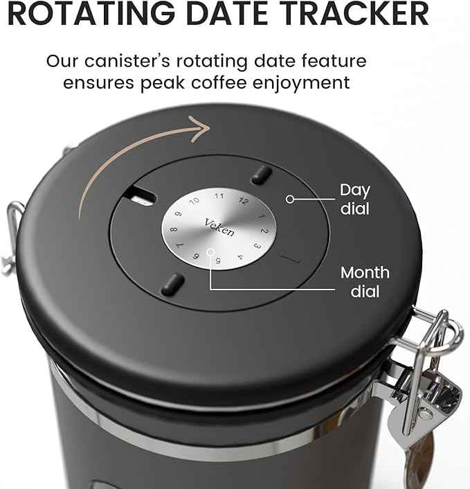 Veken Large Coffee Canister with Window, Kitchen Food Storage Airtight Stainless Steel Container for 2.2lbs Coffee Beans, Grounds, Rice,Tea, Flour, Cereal, Sugar Jars,Date Tracker and Scoop 39oz,Black